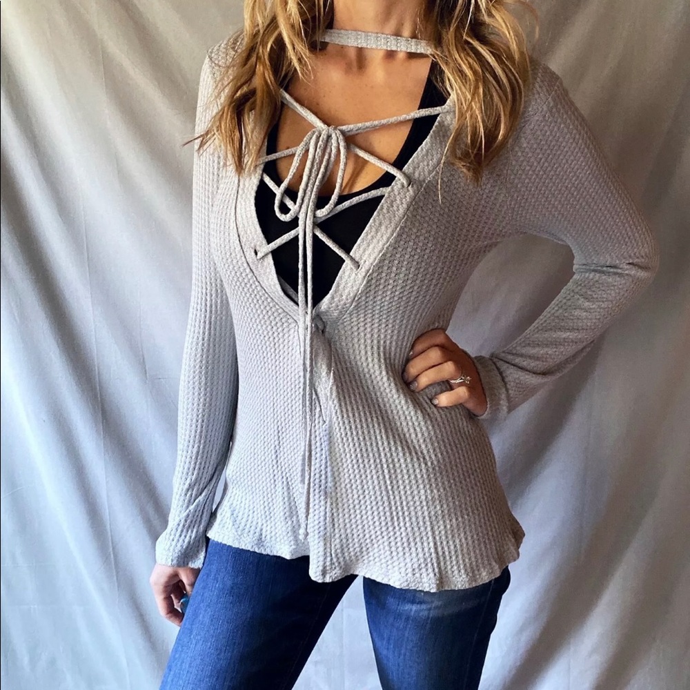 Lace Up Deep Plunging Waffle Knit Thermal Top